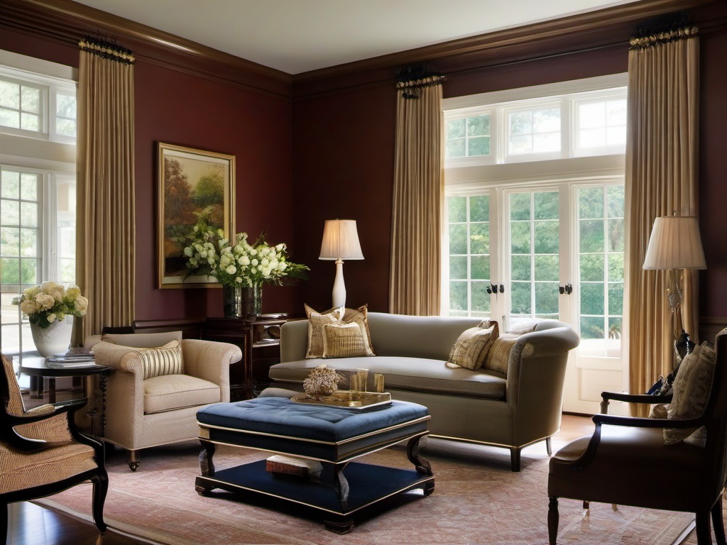 Traditional living room showcases a classic sofa, matching armchairs, and elegant drapes, providing a sophisticated setting for entertaining guests.  