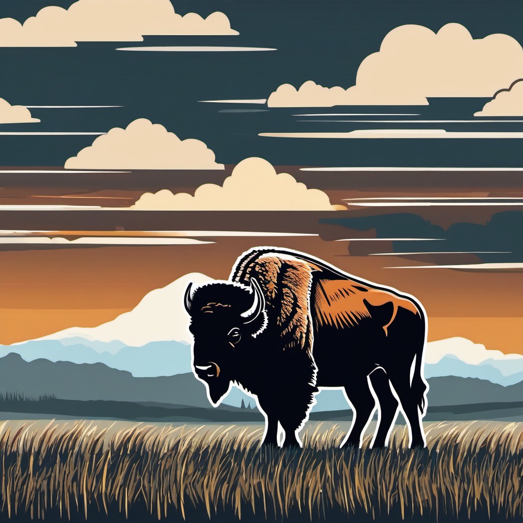 American Bison Sticker - An American bison grazing on the plains, ,vector color sticker art,minimal