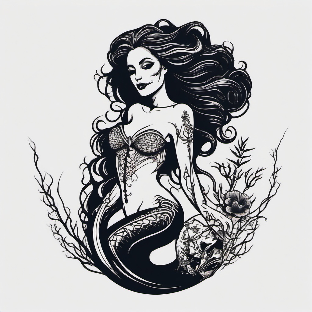 Mermaid Skeleton Tattoo - Explore darker themes with a tattoo featuring a skeletal or undead mermaid design.  simple vector color tattoo,minimal,white background