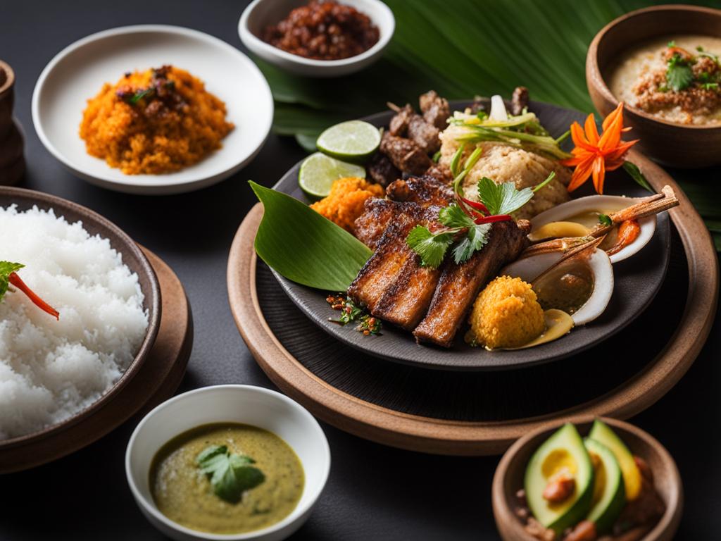 balinese feast - exotic dishes with rich coconut sauces, aromatic spices, and tender grilled meats. 