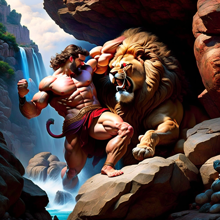 hercules, the heroic demigod, wrestling the nemean lion in a rocky gorge. 