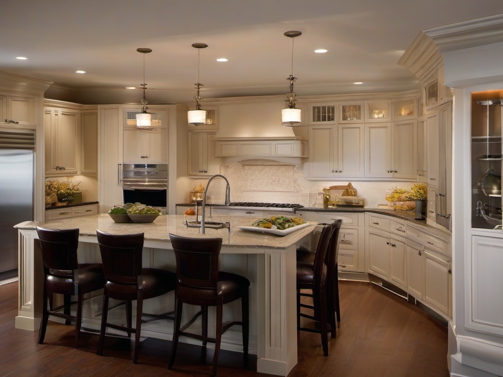 Transitional kitchen blends contemporary and traditional elements with neutral colors, practical layouts, and comfortable dining areas for family gatherings.  