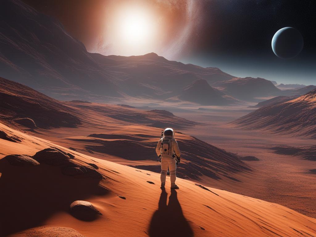 intrepid astronaut exploring the surface of a distant, uncharted exoplanet. 