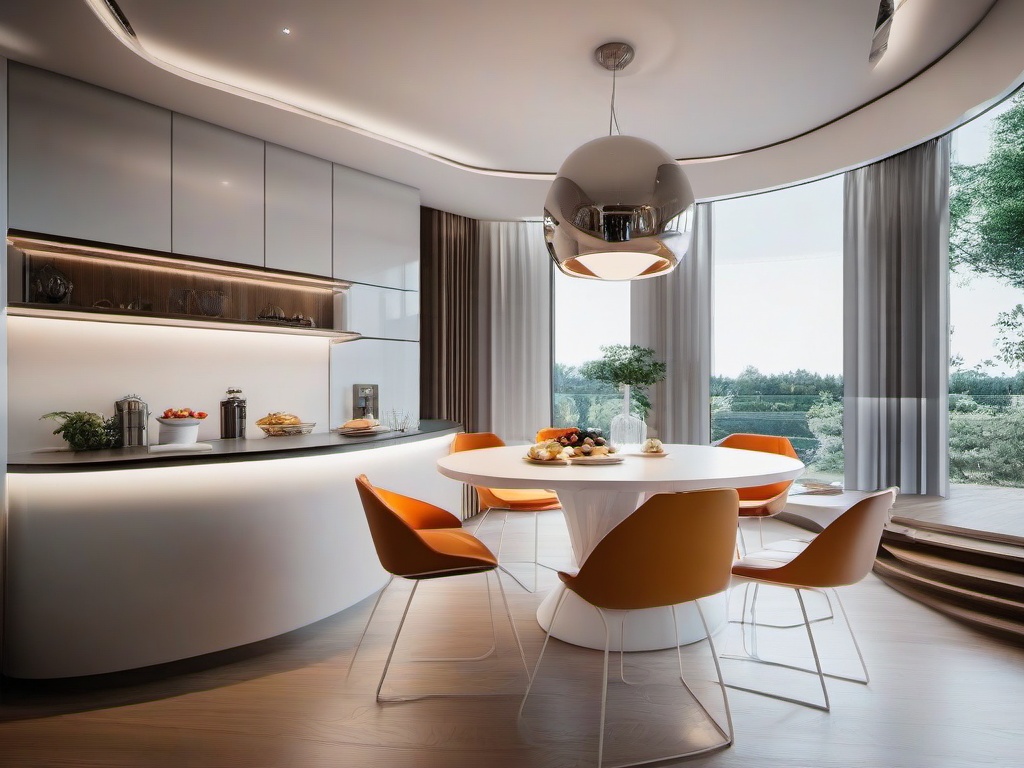 The dining nook features futuristic interior design with a round table, modern chairs, and a bright, airy aesthetic that creates a casual yet stylish space for meals.  