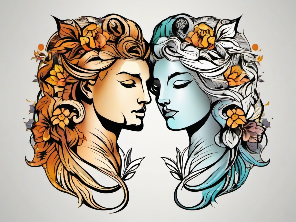 leo and virgo couple tattoo  simple vector color tattoo