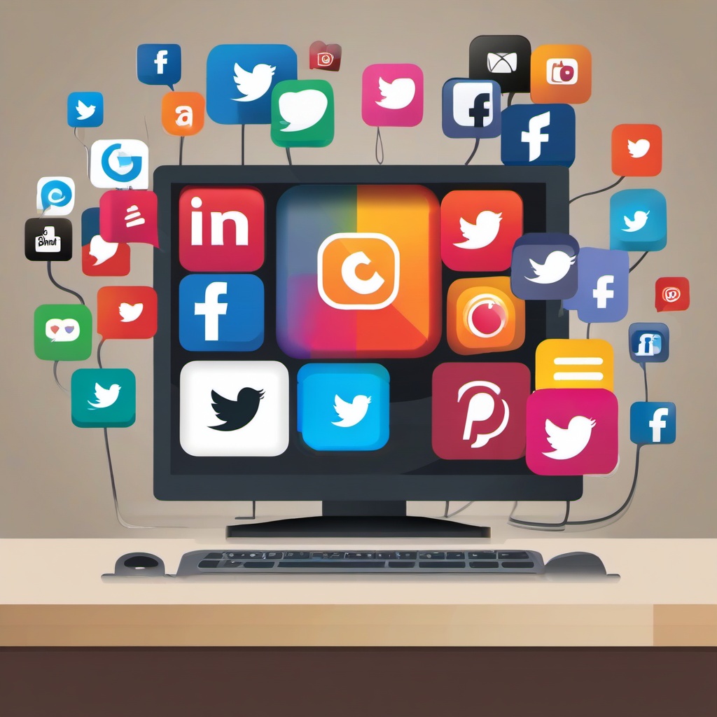 Computer clipart - computer with social media icons  