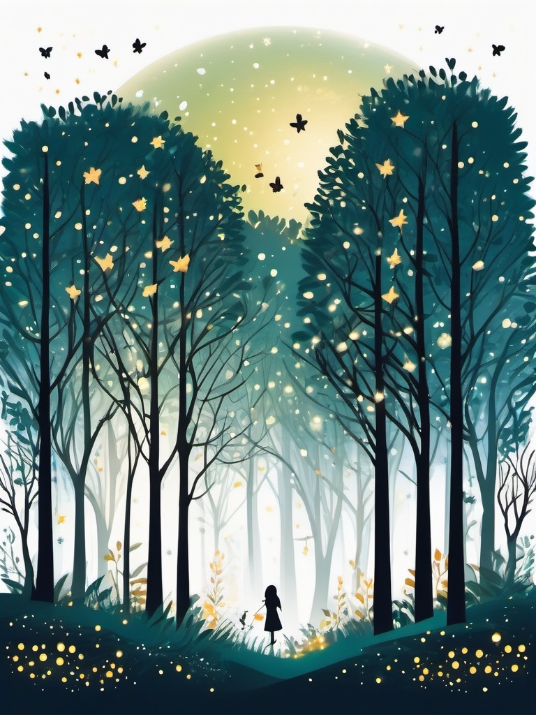 Magical Firefly Grove - A whimsical forest scene with fireflies dancing among the trees.  simple color tattoo,white background