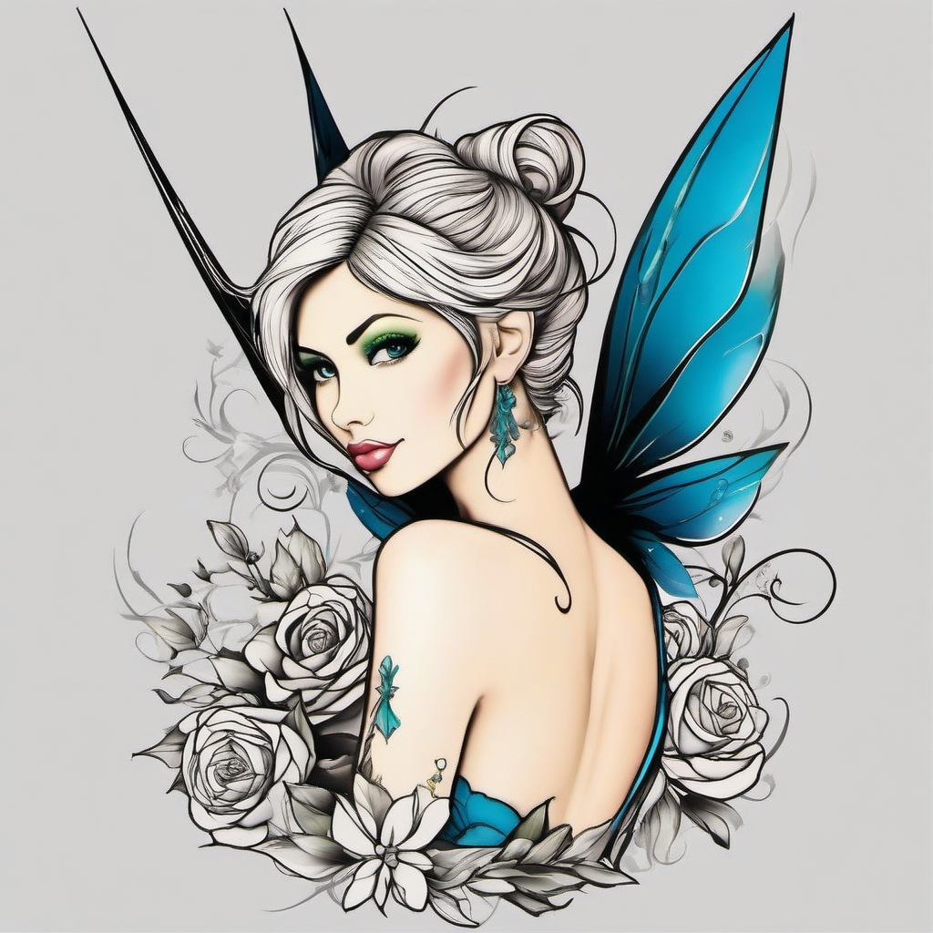 black tinkerbell tattoo  simple color tattoo style,white background