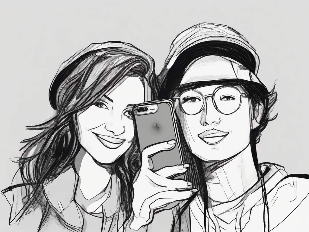 drawing of friends taking a selfie  minimal rough sketch scribbles,doodles,black and white