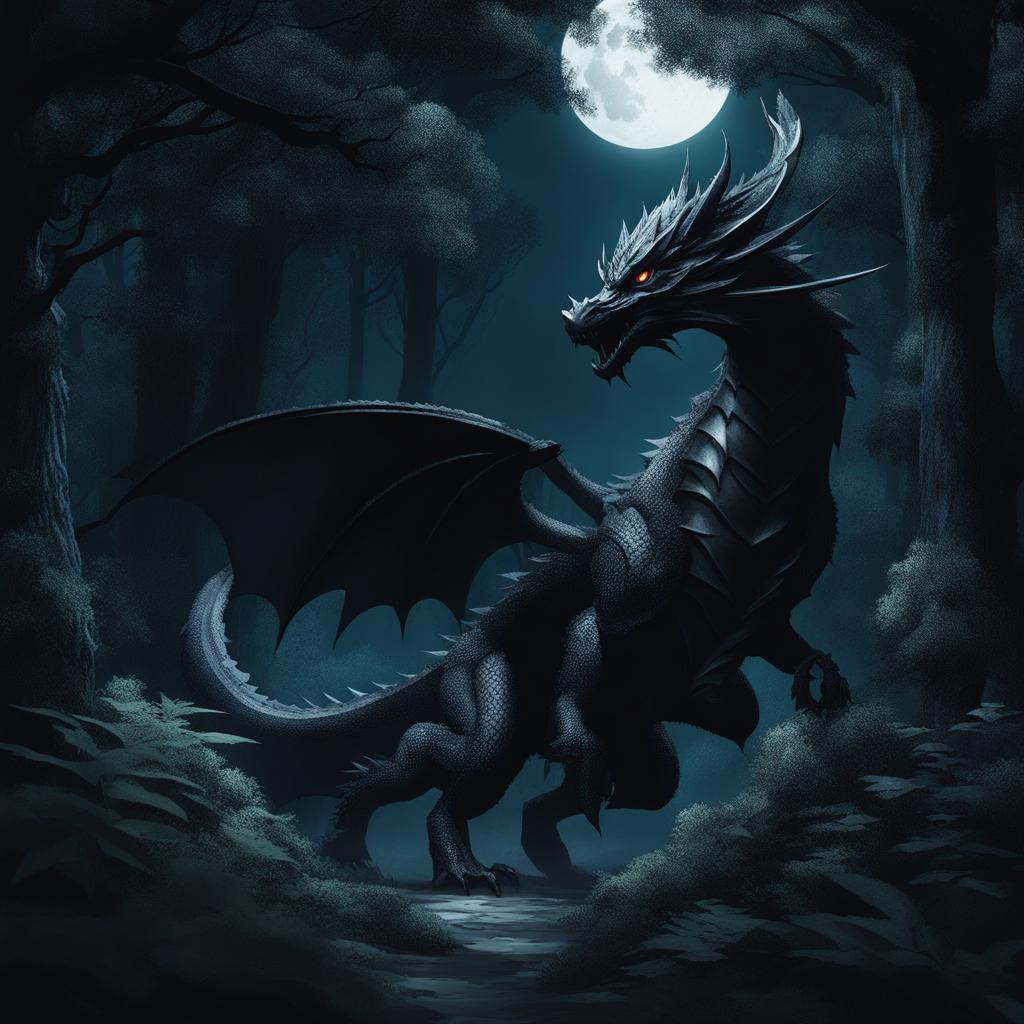 shadow dragon lurking in the depths of a moonlit forest, its dark form blending seamlessly with the shadows. 