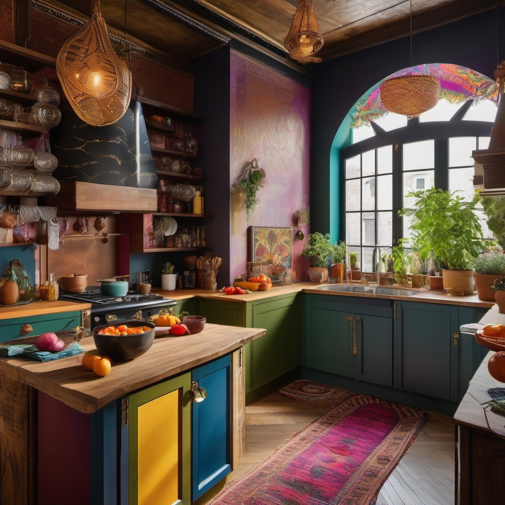 Bohemian Eclectic Cooking Space - Blend cultures and styles for an eclectic kitchen. , kitchen layout design ideas, multicoloured, photo realistic, hyper detail, high resolution,