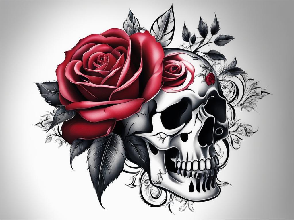 Rose skeleton hand tattoo, Unique tattoos featuring a skeleton hand adorned with roses.  color, tattoo patterns, white clean background