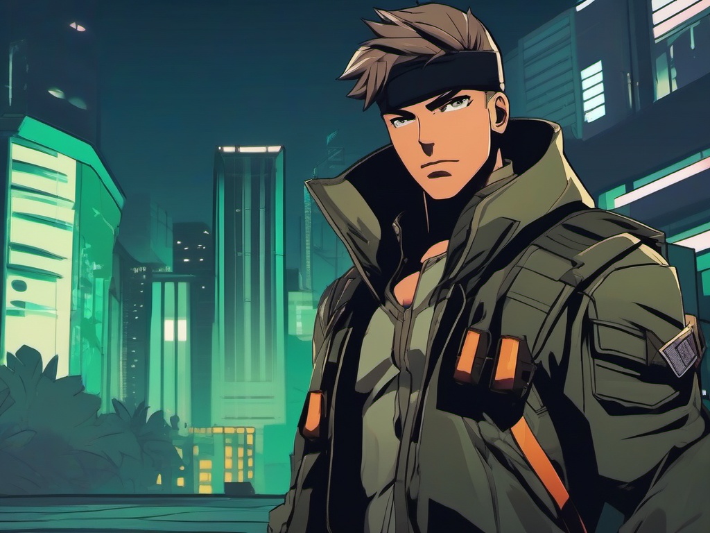 Vigilante hero character in an urban jungle.  front facing ,centered portrait shot, cute anime color style, pfp, full face visible