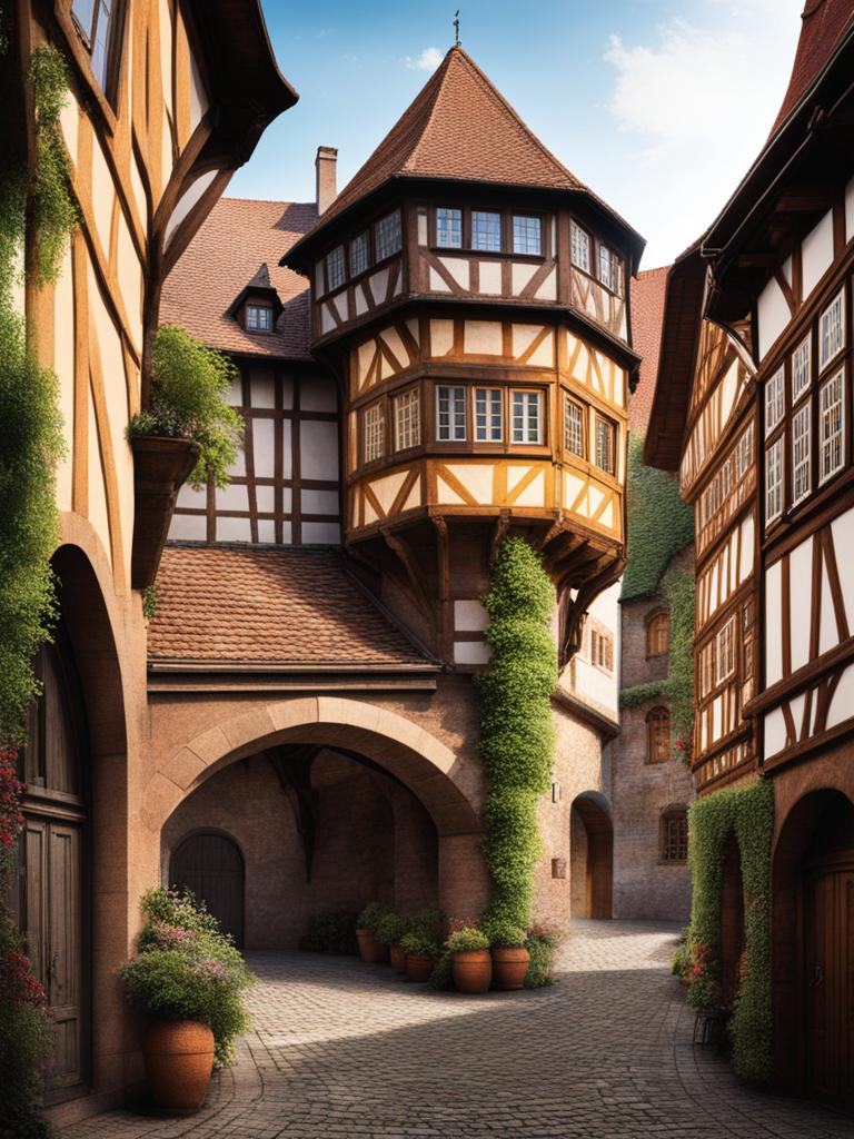 nuremberg's courtyard magic - create a drawing that highlights the magical atmosphere of nuremberg's hidden courtyards, each with its unique charm. 