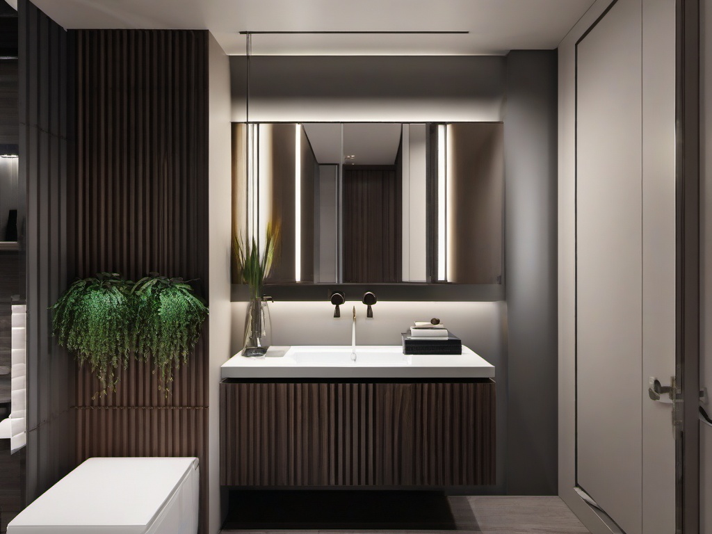 In the powder room, High Tech interior design includes sleek fixtures, modern colors, and advanced features that transform a small space into a stylish and functional experience.  