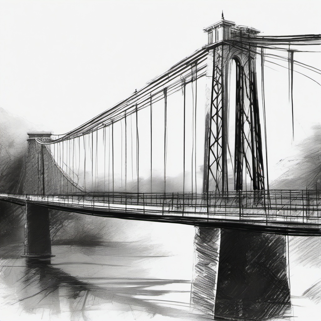 drawing of suspension bridge  minimal rough scribbles,doodles,black and white