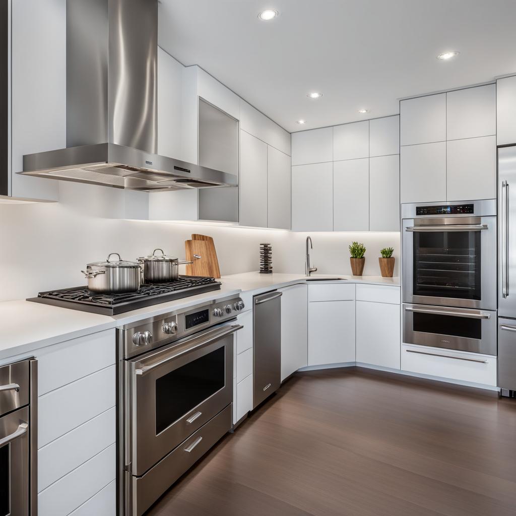 modern kitchen with sleek white cabinets and stainless steel appliances. 