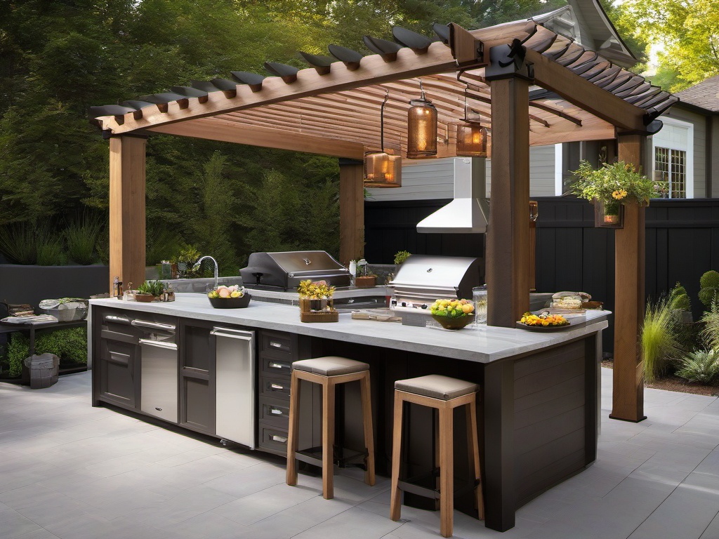 Urban Chic outdoor kitchen features practical fixtures, a mix of modern and vintage decor, and an efficient layout that maximizes style and function outdoors.  