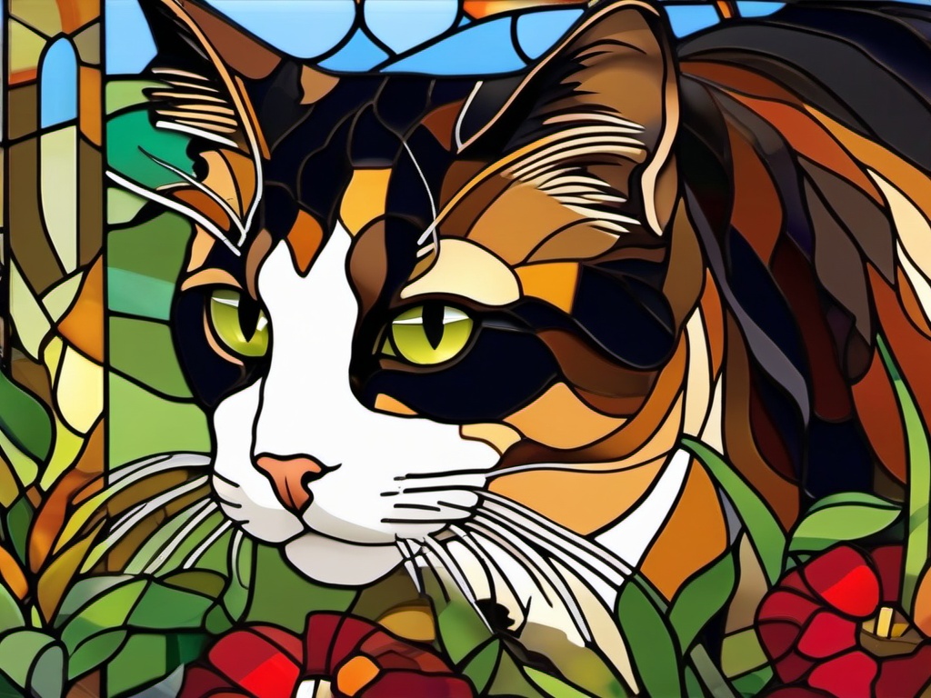 Stained Glass Calico Cat - Calico cat hunting in barnyard  