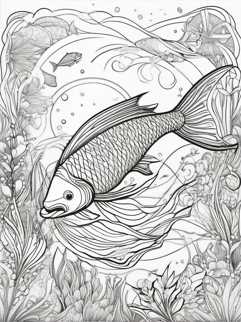 Fish Coloring Pages - Fish in a fantasy world with magical elements  simple coloring pages