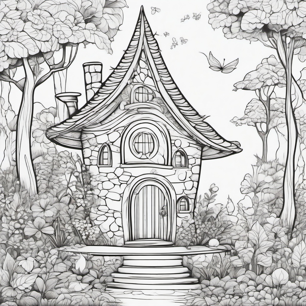 Flat, simple coloring page of a fairy living in a mystical fairy house. Enchanted, whimsical, simple, minimal black outline