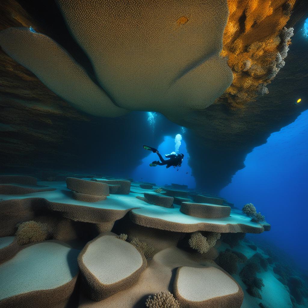 yonaguni island - capture the underwater world of yonaguni island, with its mysterious rock formations and marine life illuminated by the soft glow of divers' torches. 