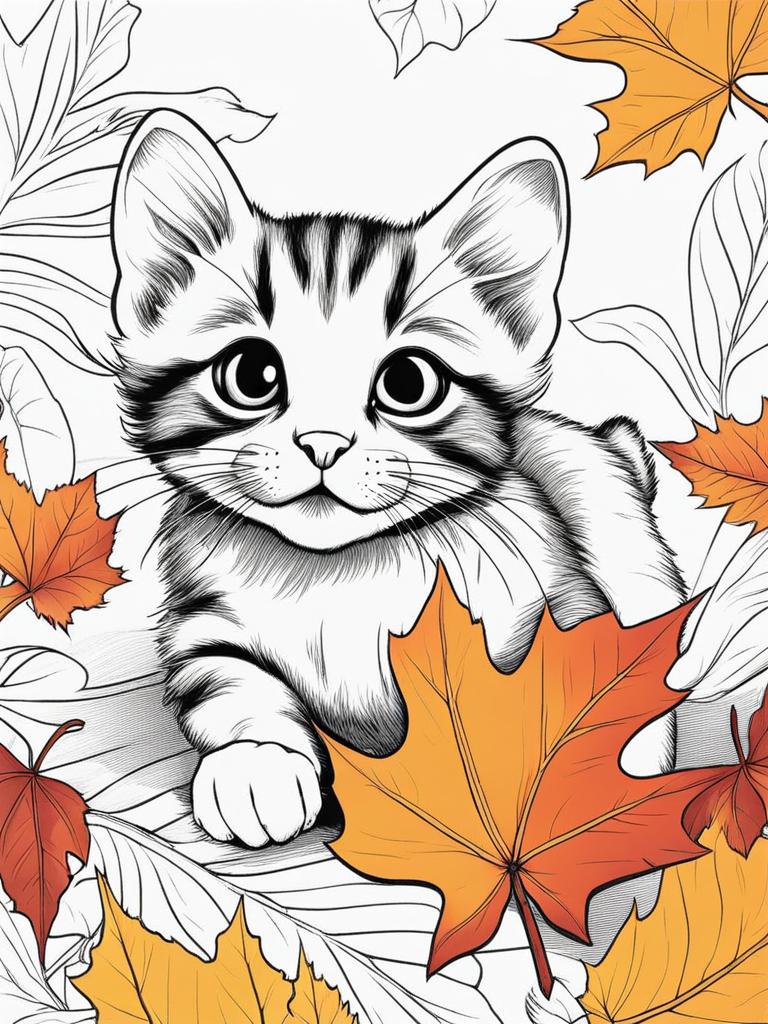 cat coloring pages - a curious kitten pounces on a falling autumn leaf. 