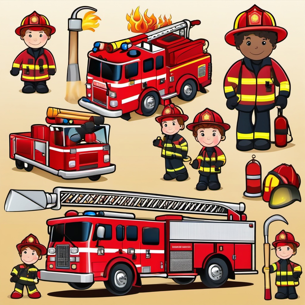 Fireman clipart - fire truck and crew  vector clipart