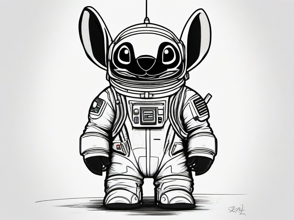 drawing of Stitch in a space suit  minimal rough sketch scribbles,doodles,black and white