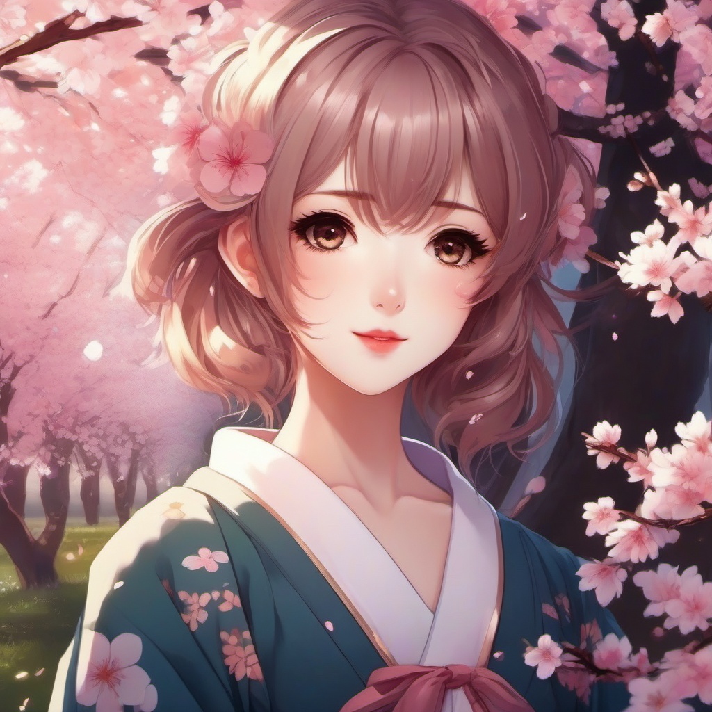 Charming anime girl in a cherry blossom garden.  front facing ,centered portrait shot, cute anime color style, pfp, full face visible