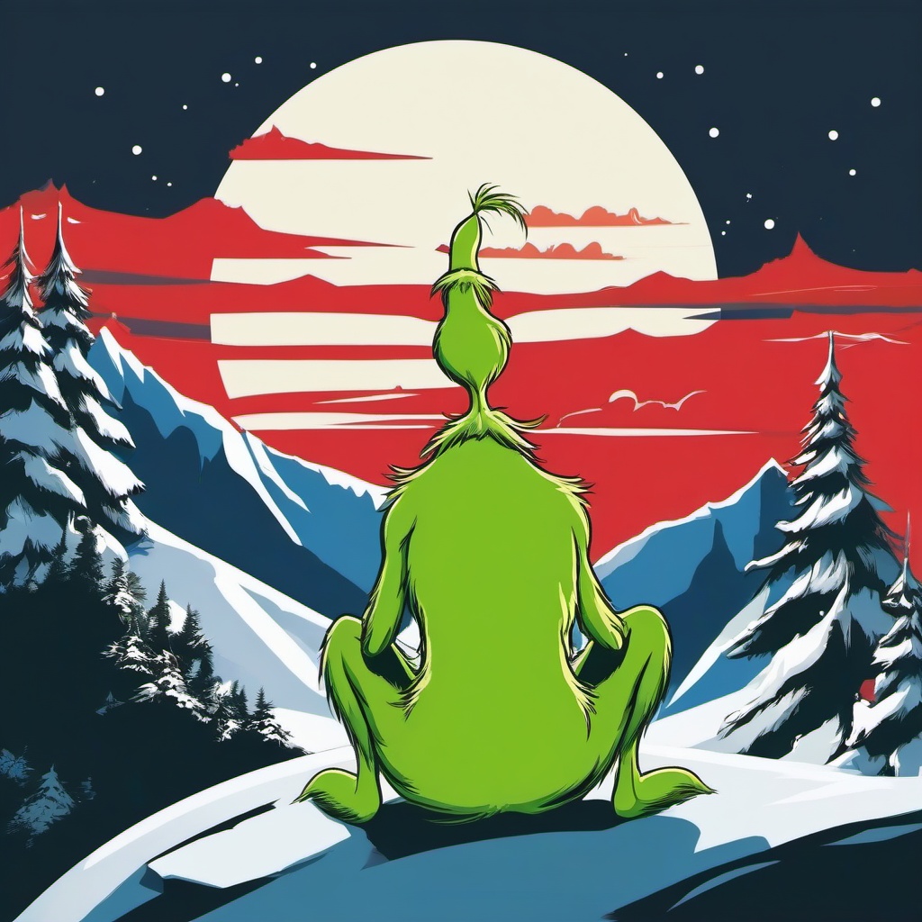 Grinch clipart - Grinch sitting on a mountain with Whoville below  