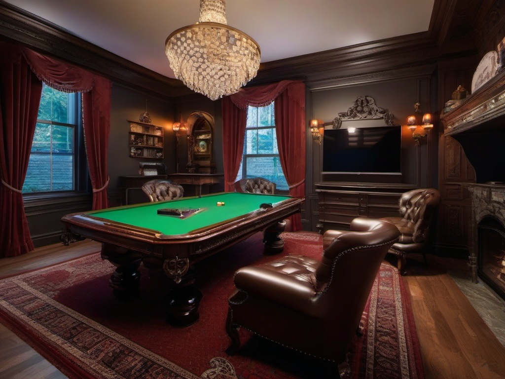 Victorian gamer room embodies classic elegance with ornate details, plush seating, and vintage gaming decor, providing a sophisticated gaming retreat.  