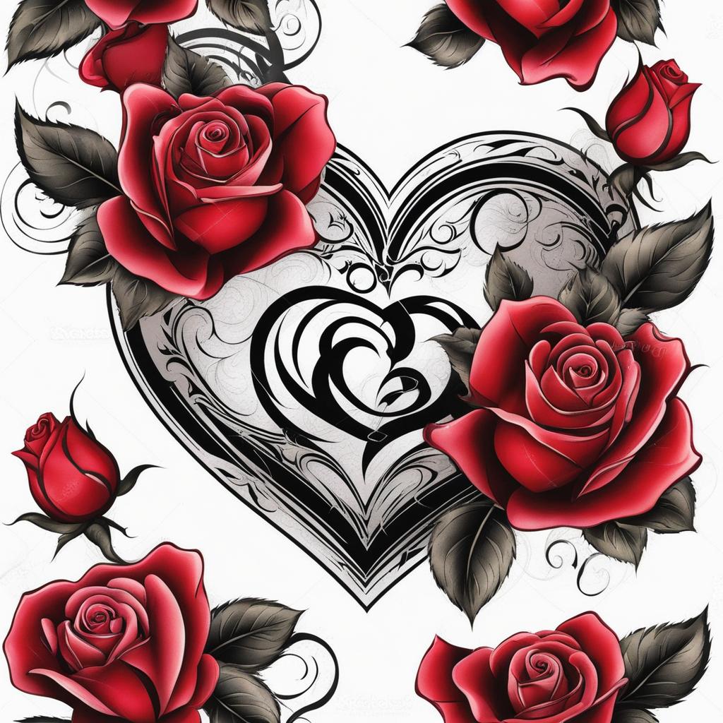 Heart and rose tattoo, Expressing love and passion with heart and rose-themed tattoos.  color, tattoo patterns, white clean background