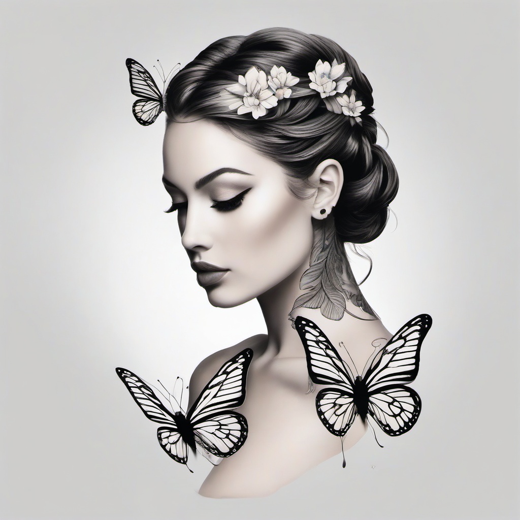 butterfly lady head tattoo  simple color tattoo, minimal, white background