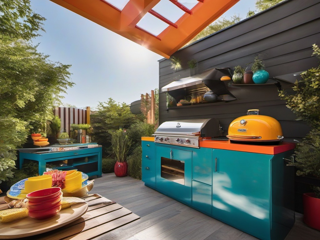 In the outdoor kitchen, Pop Art interior design showcases colorful appliances, fun decor, and bright patterns that elevate cooking and entertaining experiences under the sun.  