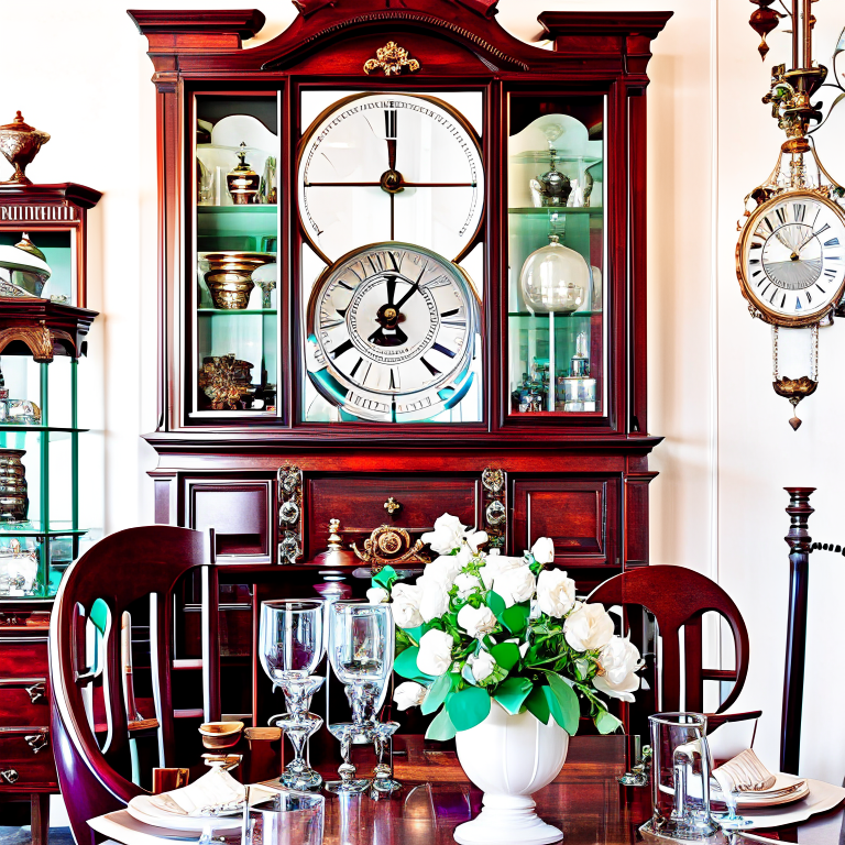 time traveler's dining room with antique hourglasses and time-warping artwork. 