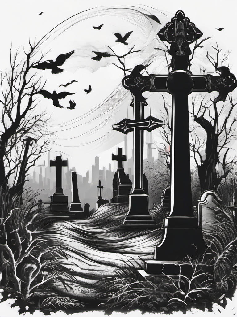 A graveyard stretches, leaving a death's domain mark in the tattoo.  black and white tattoo style