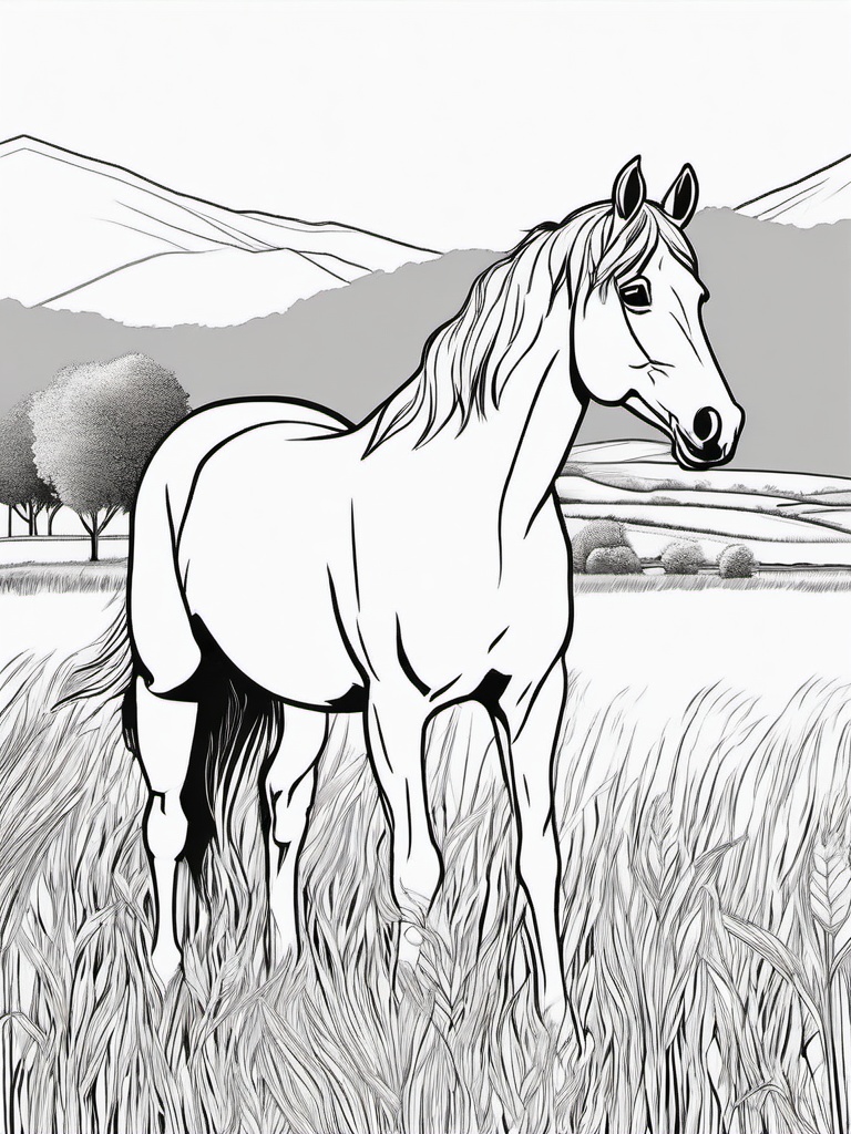 Horse in a Field Coloring Pages - Grazing Horse in a Sunny Meadow  minimal black outline printable sheet, coloring page