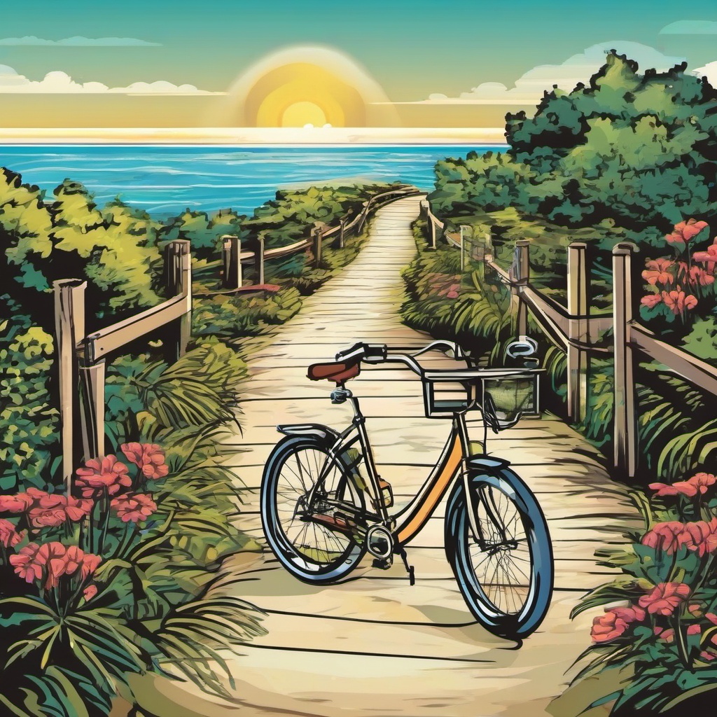 bike path leading to the ocean  , vector illustration, clipart