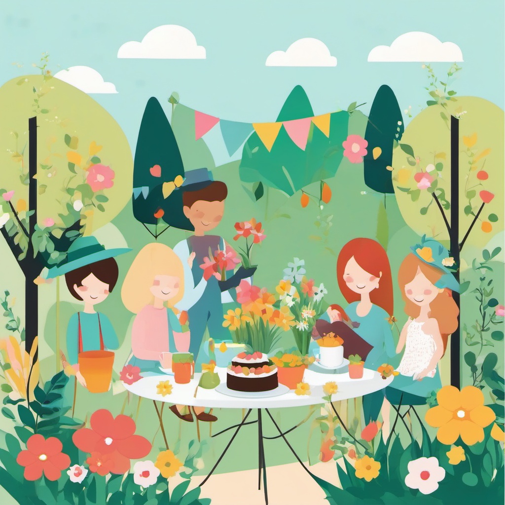 Spring Garden Party clipart - A garden party with friends, ,vector color clipart,minimal