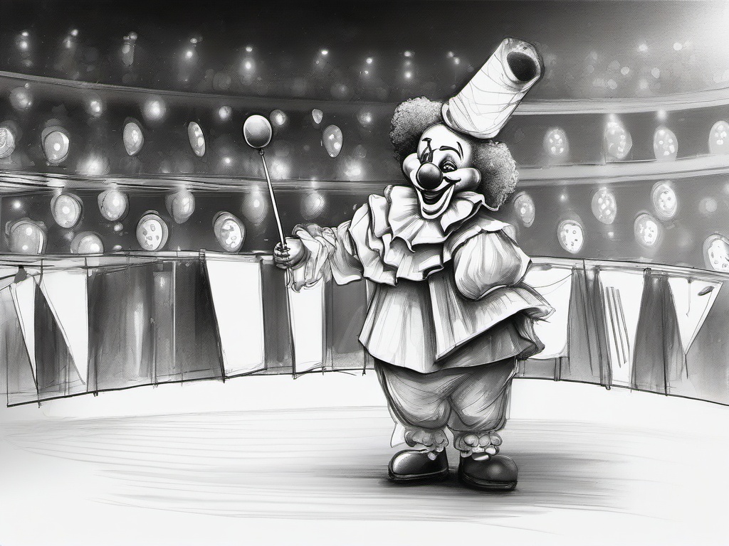 drawing of a clown on a stage  minimal rough sketch scribbles,doodles,black and white