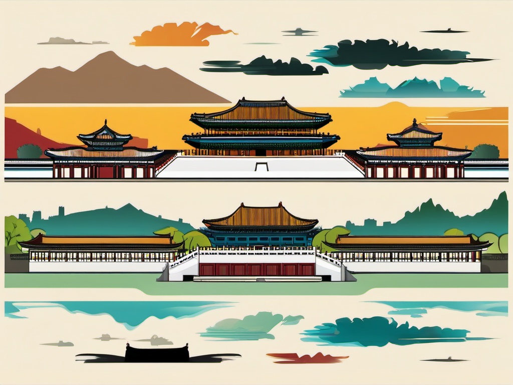 Seoul clipart - Gyeongbokgung Palace and Seoul skyline,  color vector clipart