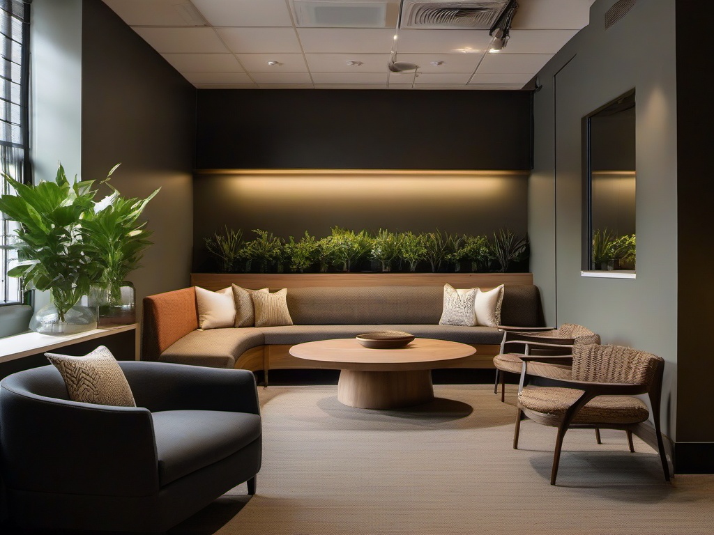 In the office break room, Wabi Sabi interior design includes comfortable seating, natural decor, and a calming atmosphere that encourages relaxation and socialization among employees.  