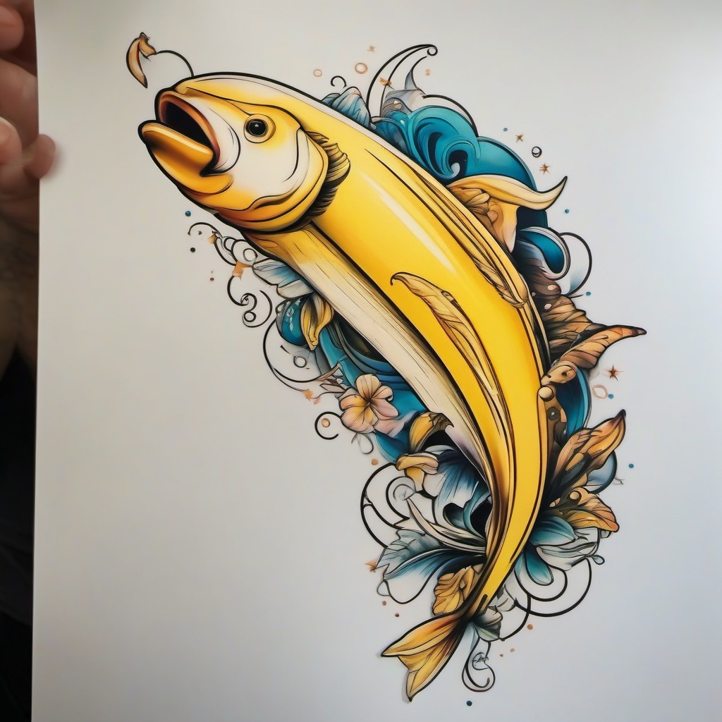 Banana Fish Tattoo,a whimsical tattoo featuring a banana fish, a unique and imaginative creation. , color tattoo design, white clean background