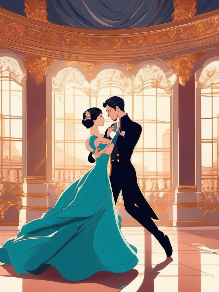 Elegant ballroom dancer and graceful dancer partner, dressed in royal gowns, waltzing gracefully in a splendid palace, as a matching pfp for couples. wide shot, cool anime color style