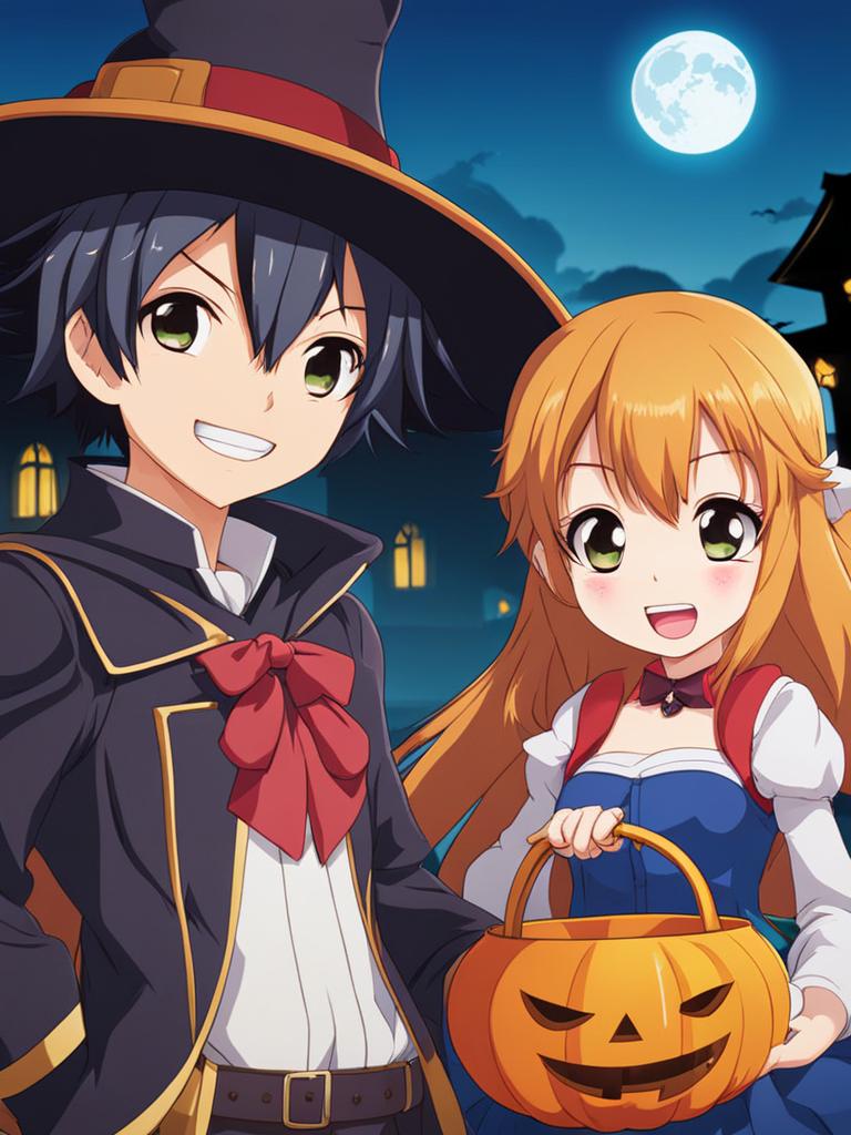 trick-or-treating adventure - capture the excitement of anime characters going on a trick-or-treating adventure in costumes. 