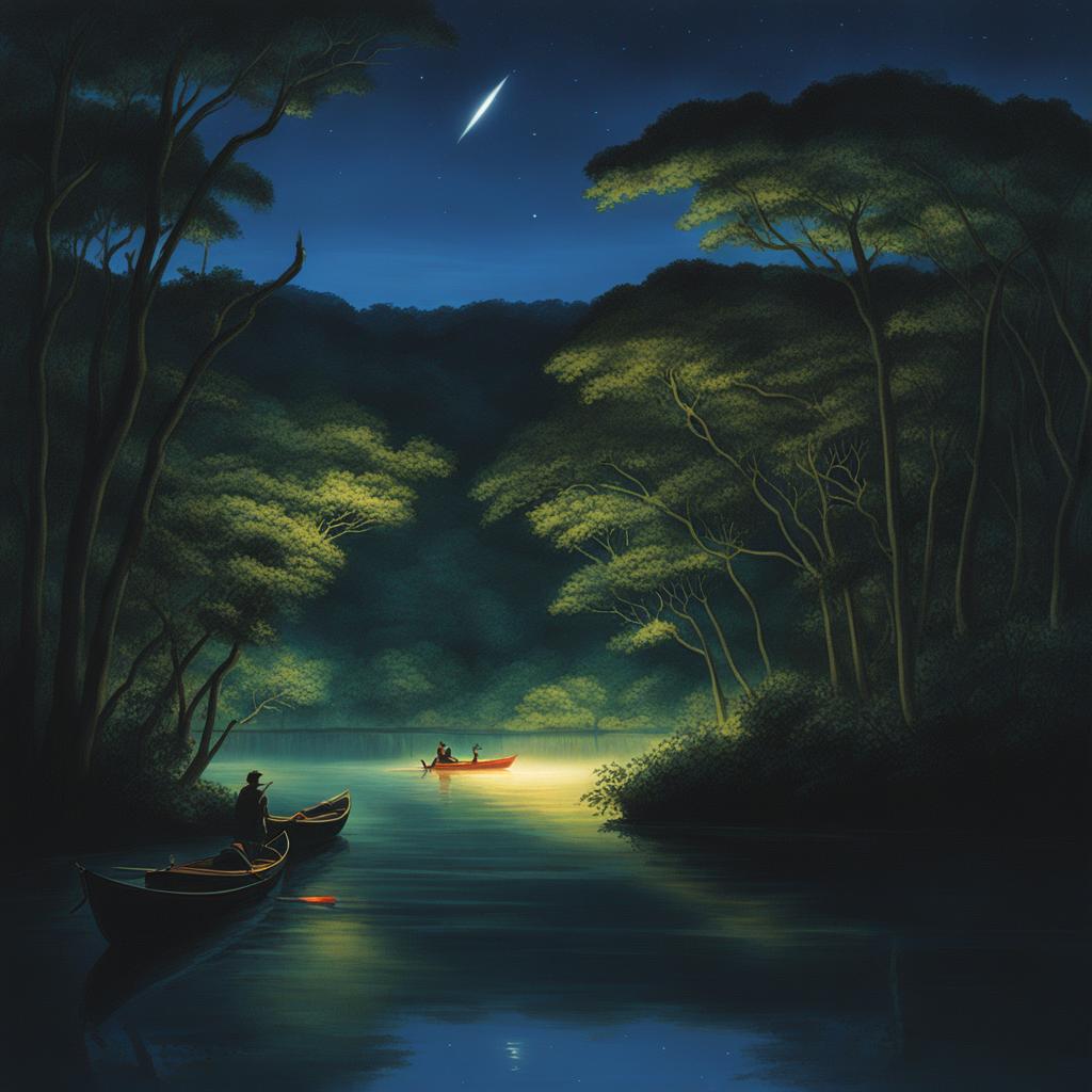 iriomote island - create a dreamy night painting of iriomote island's mangrove forests, where kayakers glide through bioluminescent waters, guided by the light of fireflies. 