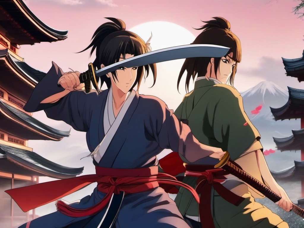 Feudal Japan sword duel scene. anime, wallpaper, background, anime key visual, japanese manga