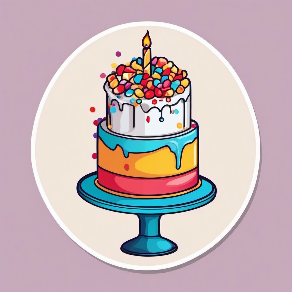 Cake and Confetti Sticker - Celebration cake with confetti, ,vector color sticker art,minimal