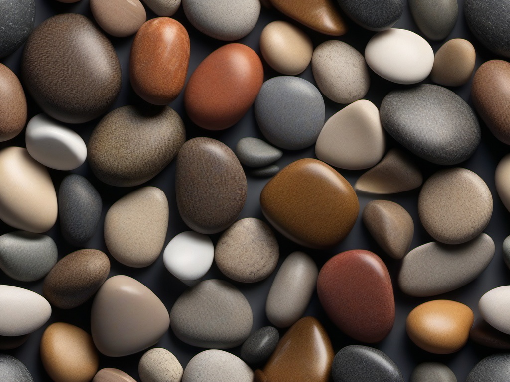 Pebbles featuring varying shades and a tumbled, textured finish top view, product photoshoot realistic background, hyper detail, high resolution